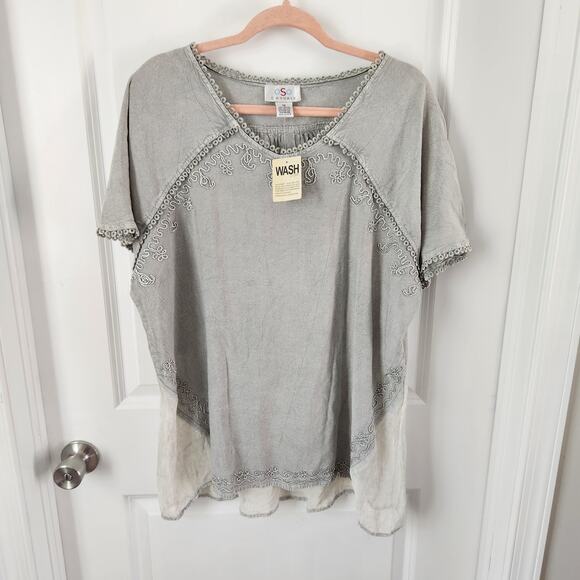 OSO Casuals Women's Grey Short Sleeve Top with Embroidery 1XL NWT - Picture 8 of 10